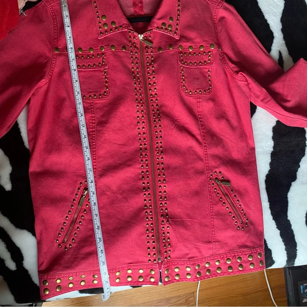 DG2 By Diane Gilman Women's Denim Gold Studded Orange Red Stretch Zip Jacket XL - Picture 4 of 9